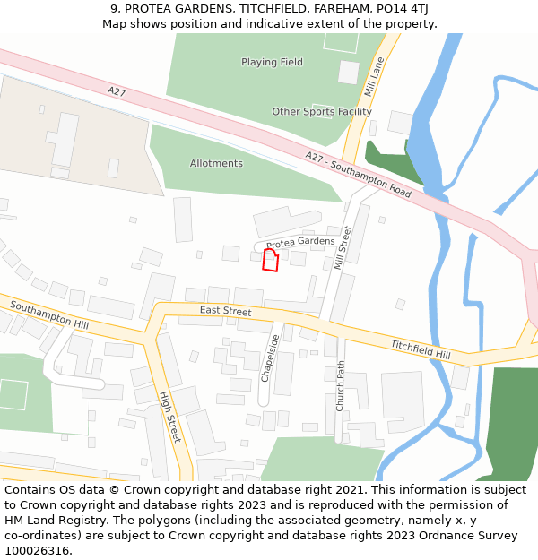 9, PROTEA GARDENS, TITCHFIELD, FAREHAM, PO14 4TJ: Location map and indicative extent of plot