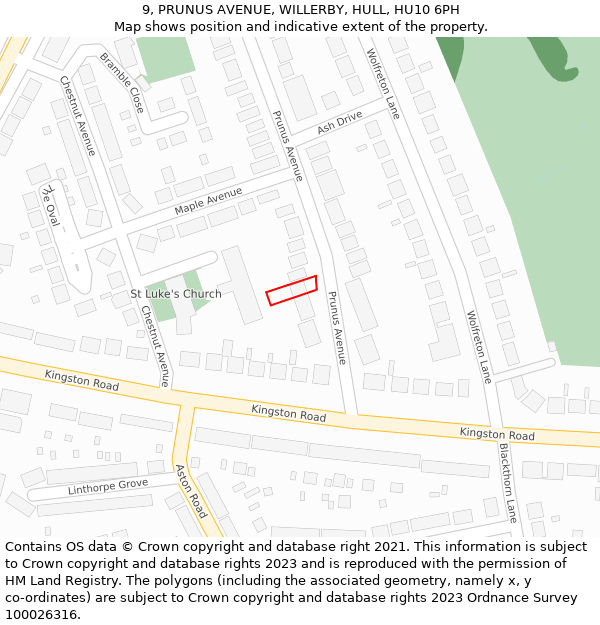 9, PRUNUS AVENUE, WILLERBY, HULL, HU10 6PH: Location map and indicative extent of plot