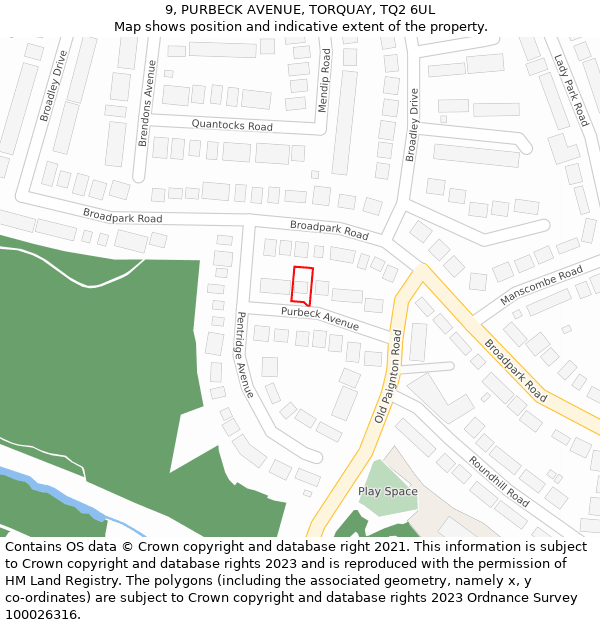 9, PURBECK AVENUE, TORQUAY, TQ2 6UL: Location map and indicative extent of plot