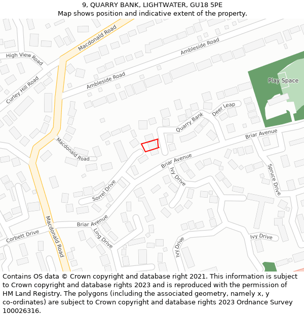 9, QUARRY BANK, LIGHTWATER, GU18 5PE: Location map and indicative extent of plot