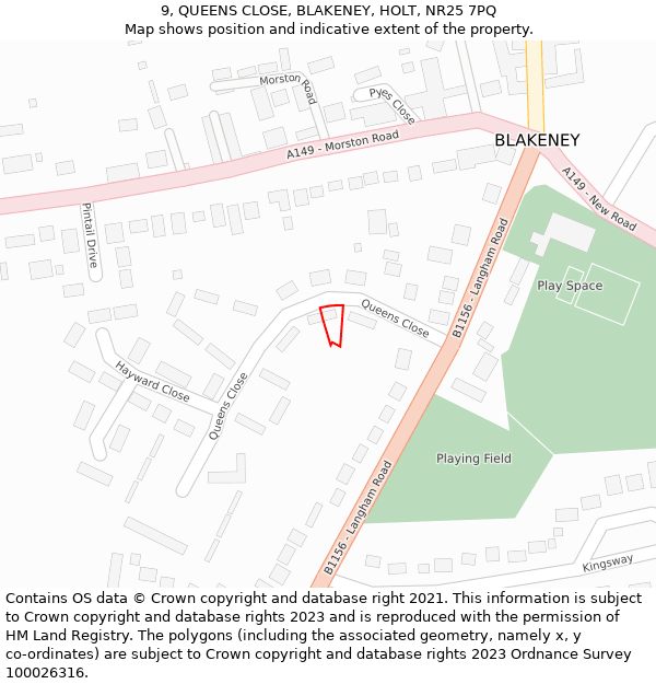 9, QUEENS CLOSE, BLAKENEY, HOLT, NR25 7PQ: Location map and indicative extent of plot