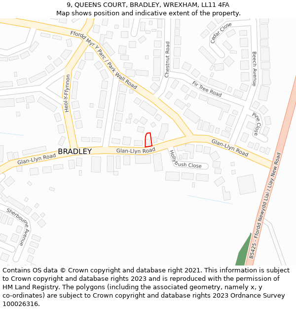 9, QUEENS COURT, BRADLEY, WREXHAM, LL11 4FA: Location map and indicative extent of plot