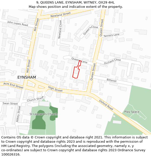 9, QUEENS LANE, EYNSHAM, WITNEY, OX29 4HL: Location map and indicative extent of plot