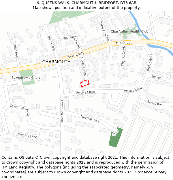 9, QUEENS WALK, CHARMOUTH, BRIDPORT, DT6 6AB: Location map and indicative extent of plot