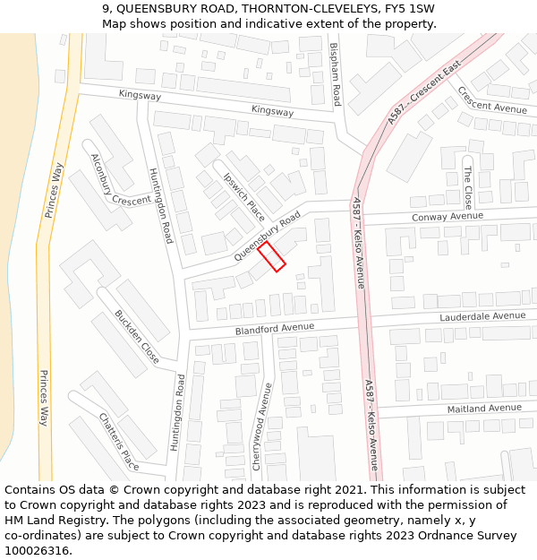 9, QUEENSBURY ROAD, THORNTON-CLEVELEYS, FY5 1SW: Location map and indicative extent of plot