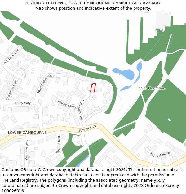 9, QUIDDITCH LANE, LOWER CAMBOURNE, CAMBRIDGE, CB23 6DD: Location map and indicative extent of plot