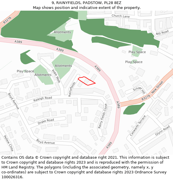 9, RAINYFIELDS, PADSTOW, PL28 8EZ: Location map and indicative extent of plot