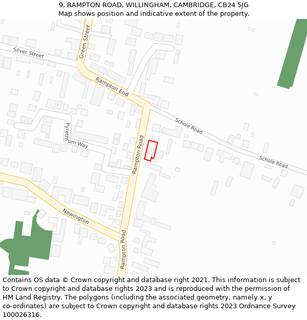 9, RAMPTON ROAD, WILLINGHAM, CAMBRIDGE, CB24 5JG: Location map and indicative extent of plot