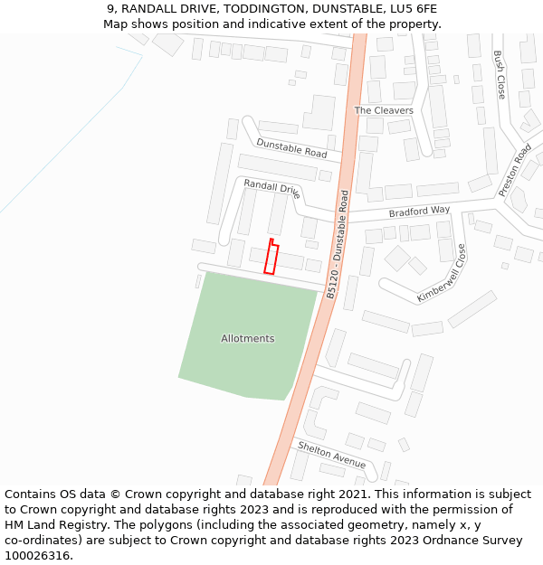 9, RANDALL DRIVE, TODDINGTON, DUNSTABLE, LU5 6FE: Location map and indicative extent of plot