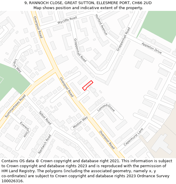 9, RANNOCH CLOSE, GREAT SUTTON, ELLESMERE PORT, CH66 2UD: Location map and indicative extent of plot
