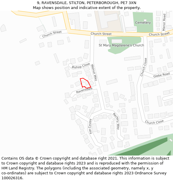 9, RAVENSDALE, STILTON, PETERBOROUGH, PE7 3XN: Location map and indicative extent of plot