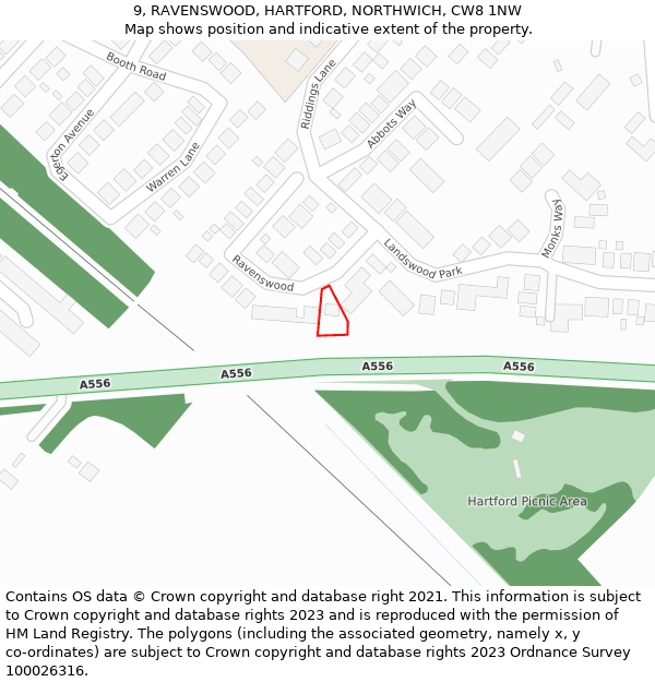 9, RAVENSWOOD, HARTFORD, NORTHWICH, CW8 1NW: Location map and indicative extent of plot