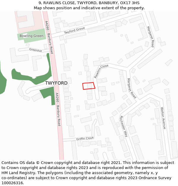 9, RAWLINS CLOSE, TWYFORD, BANBURY, OX17 3HS: Location map and indicative extent of plot