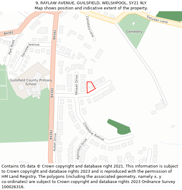 9, RAYLAW AVENUE, GUILSFIELD, WELSHPOOL, SY21 9LY: Location map and indicative extent of plot