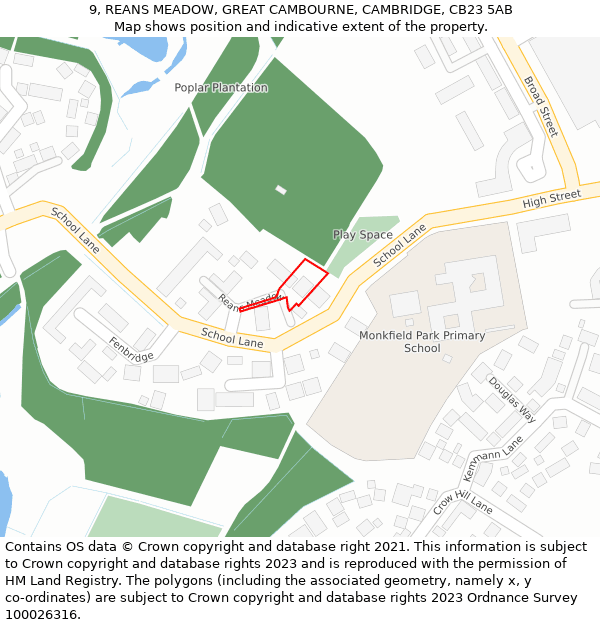 9, REANS MEADOW, GREAT CAMBOURNE, CAMBRIDGE, CB23 5AB: Location map and indicative extent of plot