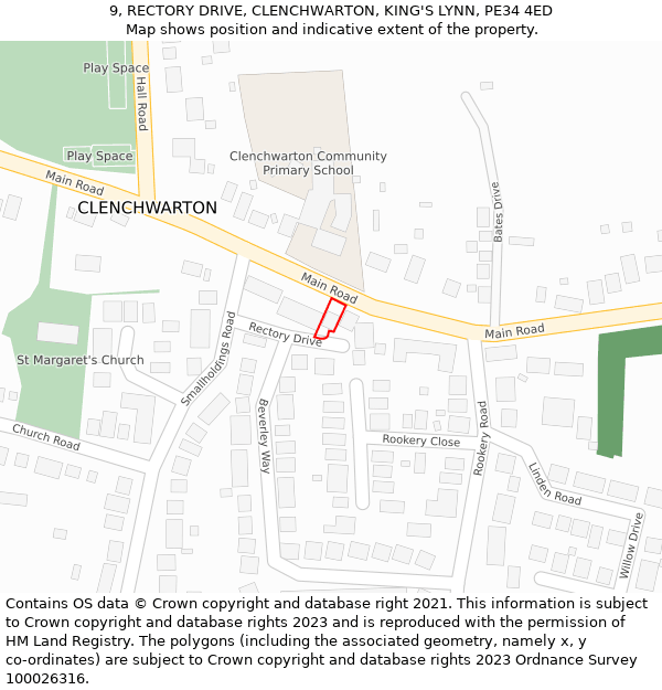 9, RECTORY DRIVE, CLENCHWARTON, KING'S LYNN, PE34 4ED: Location map and indicative extent of plot