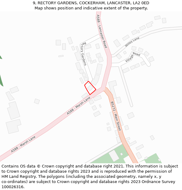 9, RECTORY GARDENS, COCKERHAM, LANCASTER, LA2 0ED: Location map and indicative extent of plot