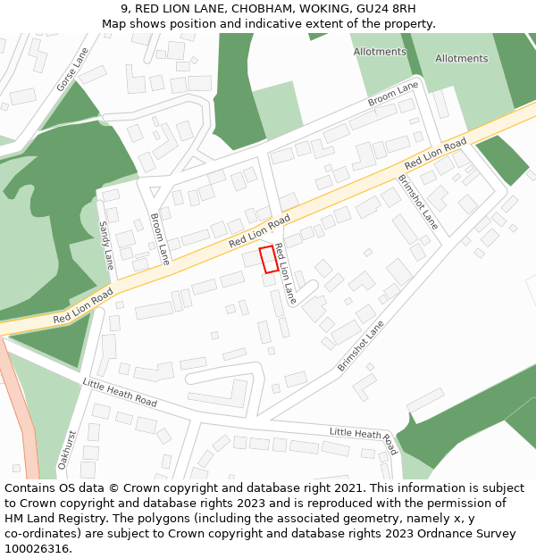 9, RED LION LANE, CHOBHAM, WOKING, GU24 8RH: Location map and indicative extent of plot