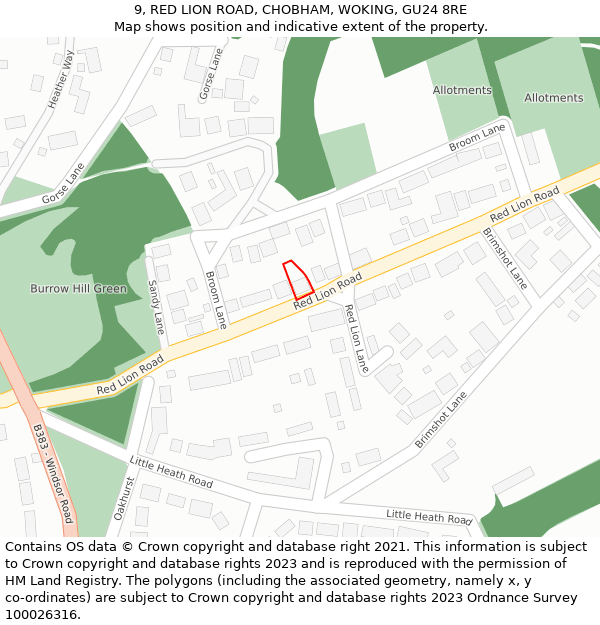 9, RED LION ROAD, CHOBHAM, WOKING, GU24 8RE: Location map and indicative extent of plot