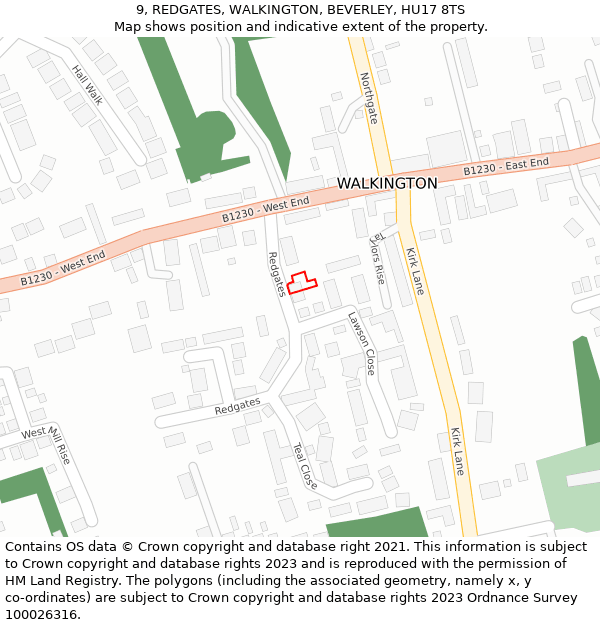 9, REDGATES, WALKINGTON, BEVERLEY, HU17 8TS: Location map and indicative extent of plot