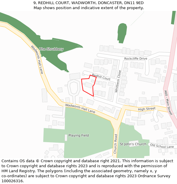 9, REDHILL COURT, WADWORTH, DONCASTER, DN11 9ED: Location map and indicative extent of plot