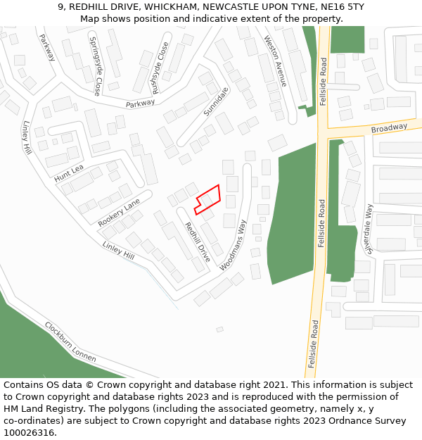 9, REDHILL DRIVE, WHICKHAM, NEWCASTLE UPON TYNE, NE16 5TY: Location map and indicative extent of plot