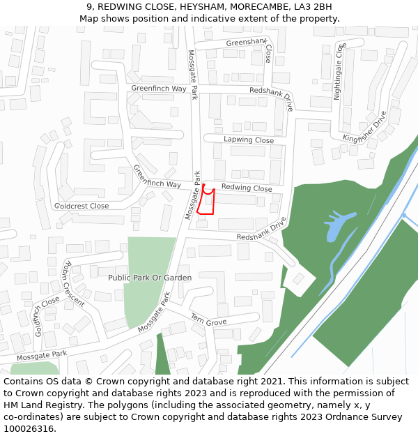 9, REDWING CLOSE, HEYSHAM, MORECAMBE, LA3 2BH: Location map and indicative extent of plot