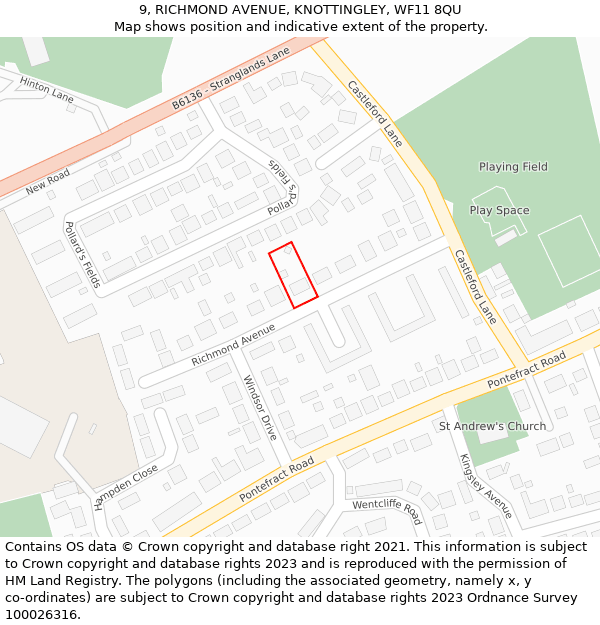9, RICHMOND AVENUE, KNOTTINGLEY, WF11 8QU: Location map and indicative extent of plot