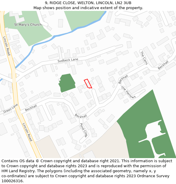 9, RIDGE CLOSE, WELTON, LINCOLN, LN2 3UB: Location map and indicative extent of plot