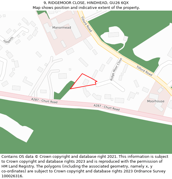 9, RIDGEMOOR CLOSE, HINDHEAD, GU26 6QX: Location map and indicative extent of plot