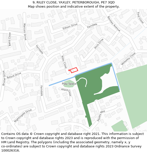 9, RILEY CLOSE, YAXLEY, PETERBOROUGH, PE7 3QD: Location map and indicative extent of plot