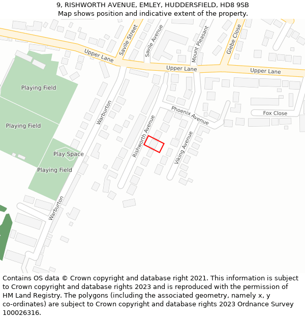 9, RISHWORTH AVENUE, EMLEY, HUDDERSFIELD, HD8 9SB: Location map and indicative extent of plot