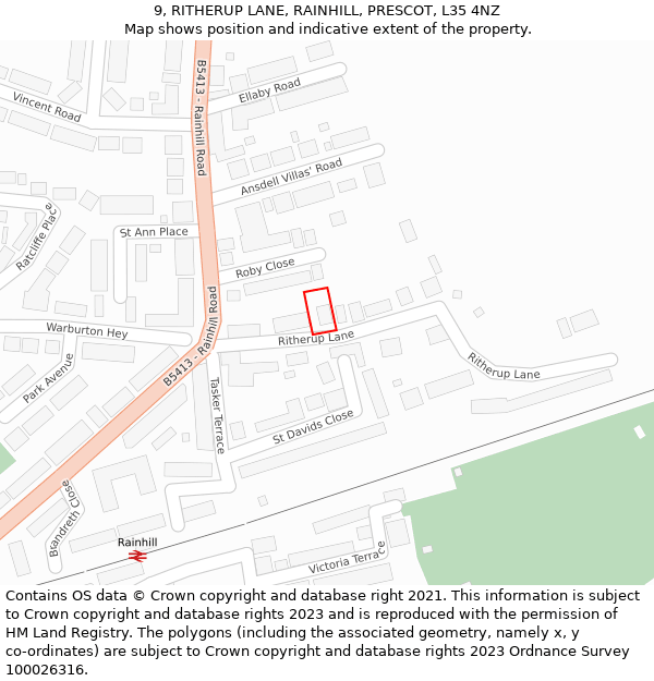 9, RITHERUP LANE, RAINHILL, PRESCOT, L35 4NZ: Location map and indicative extent of plot