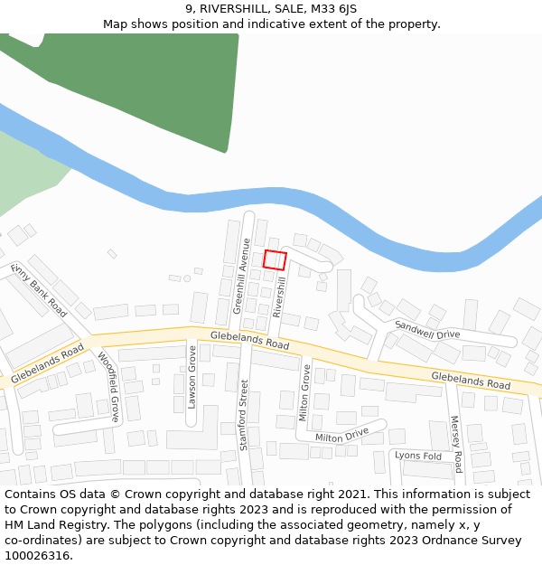 9, RIVERSHILL, SALE, M33 6JS: Location map and indicative extent of plot