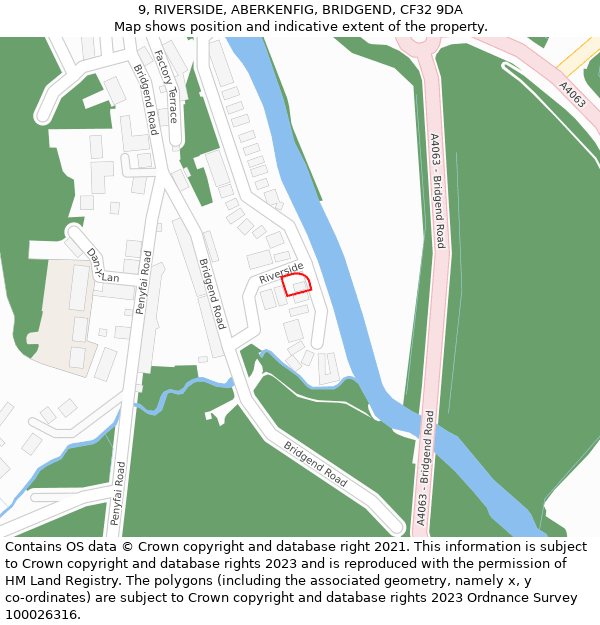 9, RIVERSIDE, ABERKENFIG, BRIDGEND, CF32 9DA: Location map and indicative extent of plot