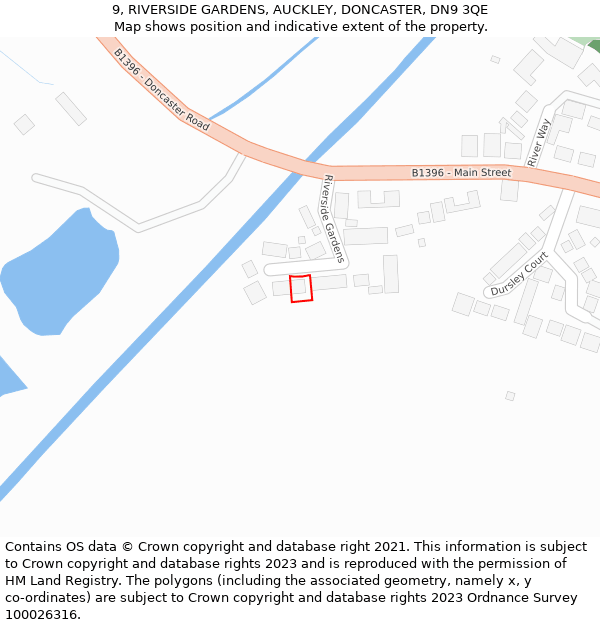 9, RIVERSIDE GARDENS, AUCKLEY, DONCASTER, DN9 3QE: Location map and indicative extent of plot