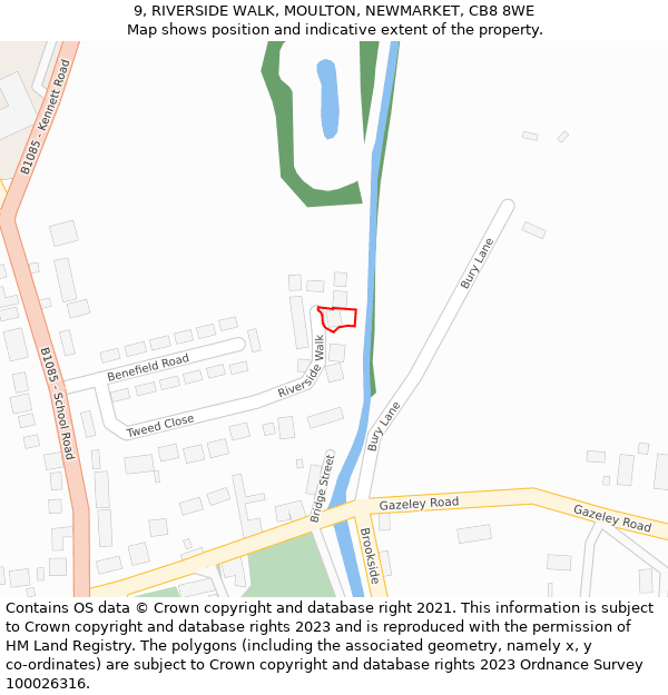 9, RIVERSIDE WALK, MOULTON, NEWMARKET, CB8 8WE: Location map and indicative extent of plot