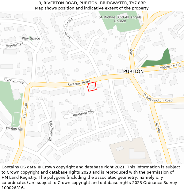 9, RIVERTON ROAD, PURITON, BRIDGWATER, TA7 8BP: Location map and indicative extent of plot