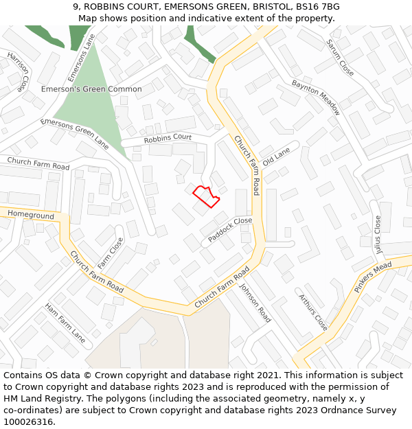 9, ROBBINS COURT, EMERSONS GREEN, BRISTOL, BS16 7BG: Location map and indicative extent of plot