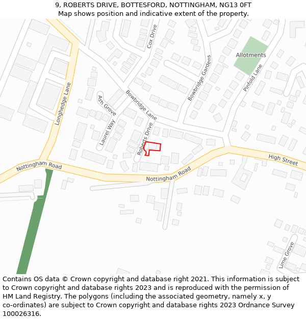 9, ROBERTS DRIVE, BOTTESFORD, NOTTINGHAM, NG13 0FT: Location map and indicative extent of plot