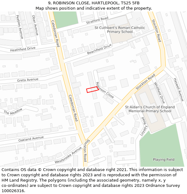 9, ROBINSON CLOSE, HARTLEPOOL, TS25 5FB: Location map and indicative extent of plot