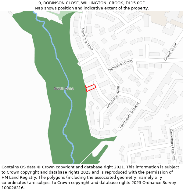 9, ROBINSON CLOSE, WILLINGTON, CROOK, DL15 0GF: Location map and indicative extent of plot