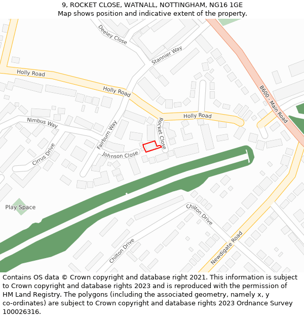 9, ROCKET CLOSE, WATNALL, NOTTINGHAM, NG16 1GE: Location map and indicative extent of plot