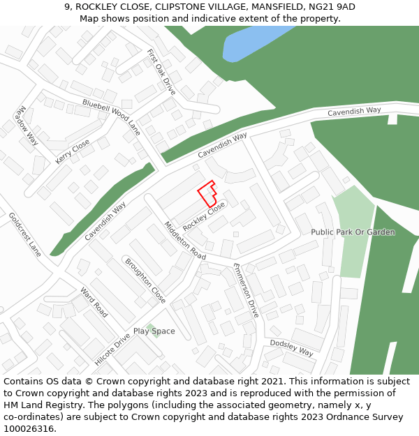 9, ROCKLEY CLOSE, CLIPSTONE VILLAGE, MANSFIELD, NG21 9AD: Location map and indicative extent of plot