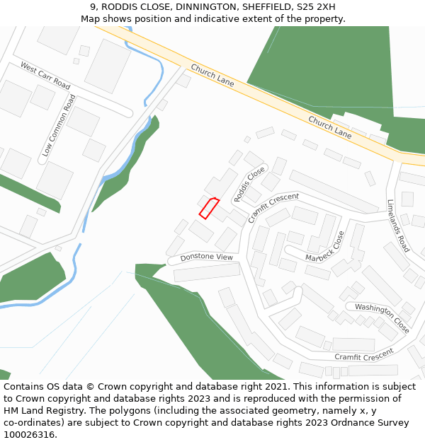 9, RODDIS CLOSE, DINNINGTON, SHEFFIELD, S25 2XH: Location map and indicative extent of plot