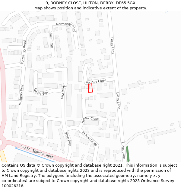 9, RODNEY CLOSE, HILTON, DERBY, DE65 5GX: Location map and indicative extent of plot
