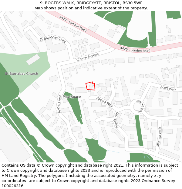 9, ROGERS WALK, BRIDGEYATE, BRISTOL, BS30 5WF: Location map and indicative extent of plot