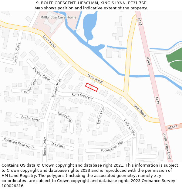 9, ROLFE CRESCENT, HEACHAM, KING'S LYNN, PE31 7SF: Location map and indicative extent of plot