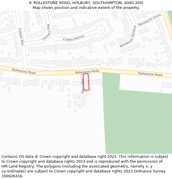 9, ROLLESTONE ROAD, HOLBURY, SOUTHAMPTON, SO45 2GD: Location map and indicative extent of plot