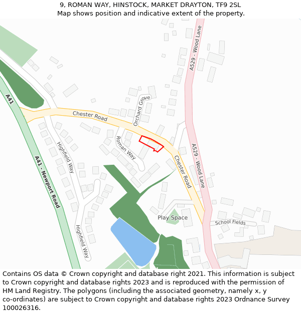 9, ROMAN WAY, HINSTOCK, MARKET DRAYTON, TF9 2SL: Location map and indicative extent of plot